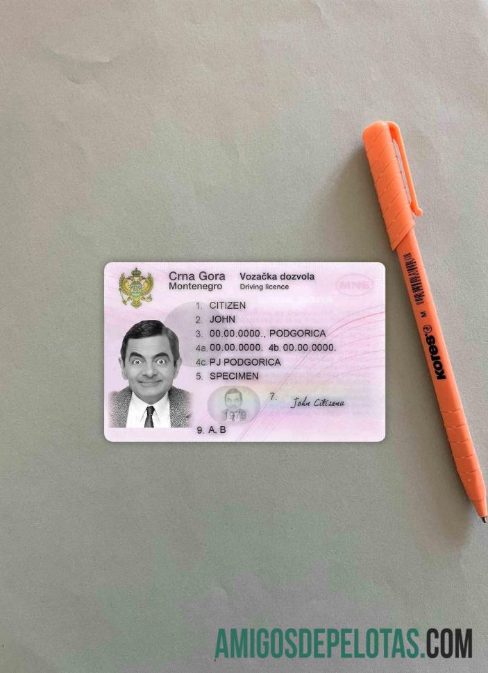 Carteira de habilitação de Montenegro fotolook frente amostra